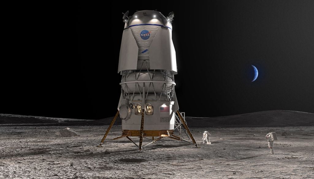 Un rendering del Moon Lander Blue Origin che riporterà gli astronauti sulla Luna come parte del programma Artemis della NASA. Credit: Blue Origin
