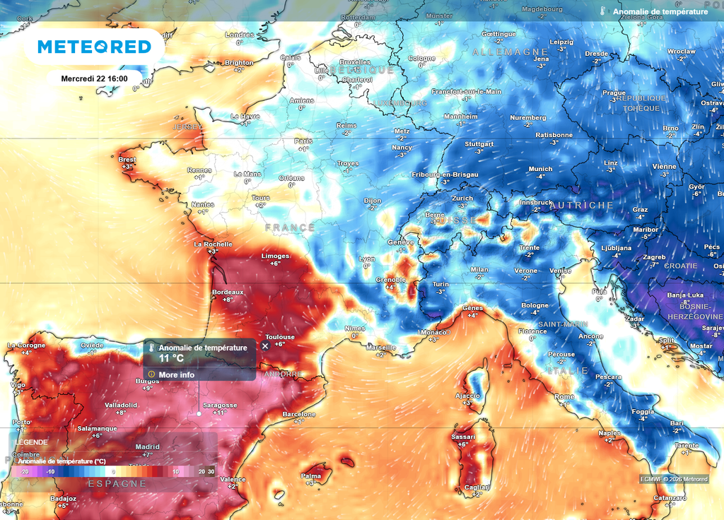 Ce mercredi après-midi, la chaleur sera en embuscade sur l'Espagne, où des valeurs parfois 11°C au-dessus des moyennes de saison seront enregistrées.