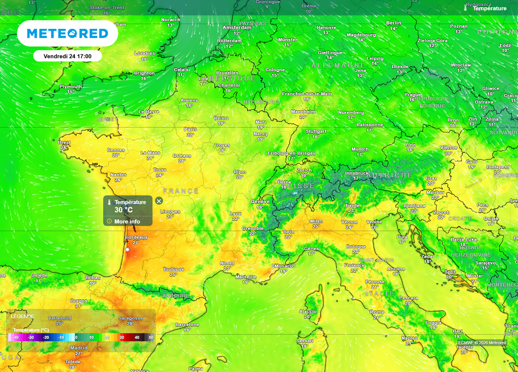 Vendredi après-midi, la chaleur aura gagné tout le Sud et l'Ouest du pays, avec souvent des valeurs comprises entre 25 et 29°C.