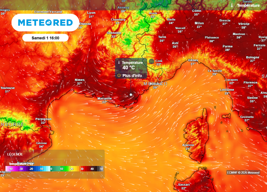 Chaleur sud-est L'air se montrera très chaud autour de la Méditerranée cet après-midi. La barre des 40°C pourra être atteinte sur la région PACA notamment.