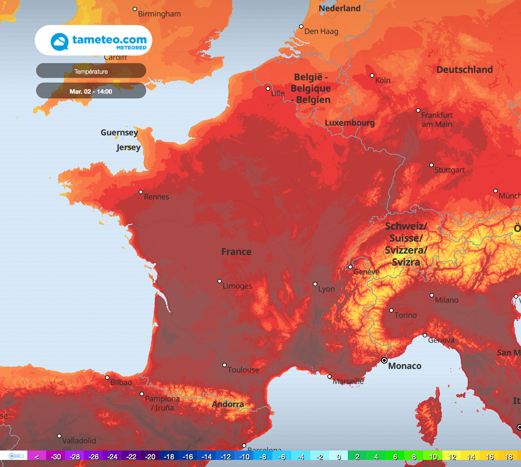 Nette hausse des températures pour la journée de mardi . Plus de 30 à 35°C annoncés . Nette hausse des températures pour la journée de mardi . Plus de 30 à 35°C annoncés .