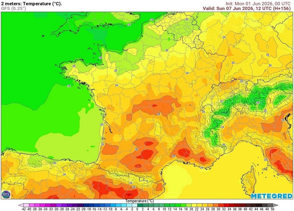 Chaleur 7 juin Le modèle américain GFS envisage un regain de chaleur estivale sur une large partie sud de la France ce dimanche 7 juin