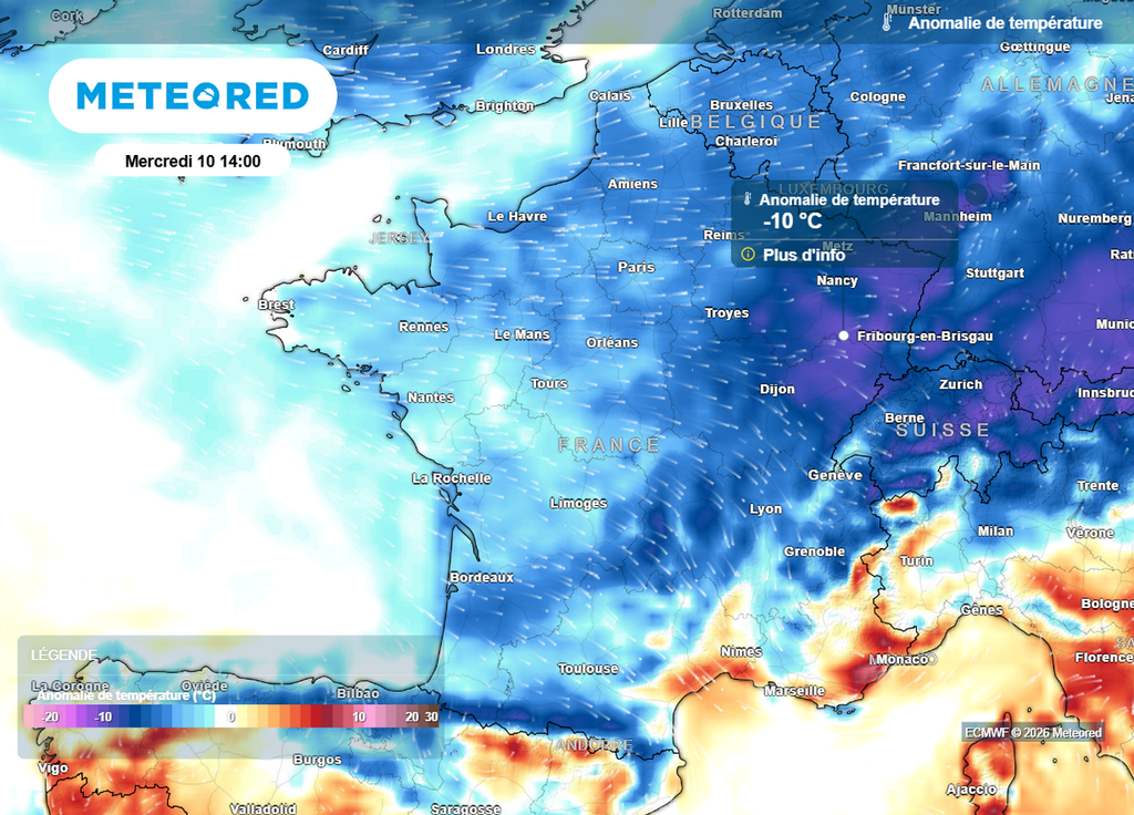 Anomalies mercredi Les anomalies de températures atteindront en général -2 à -5°C sur la France entre mercredi, parfois -8 à -10°C par rapport aux normales sur le nord-est !