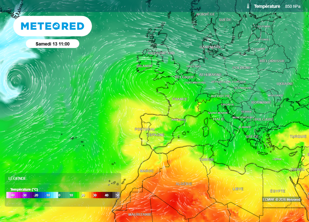 Regain de chaleur La masse d'air va nettement se radoucir en altitude d'ici le week-end avec la remontée d'une masse d'air plus chaude du nord-ouest de l'Afrique vers la France