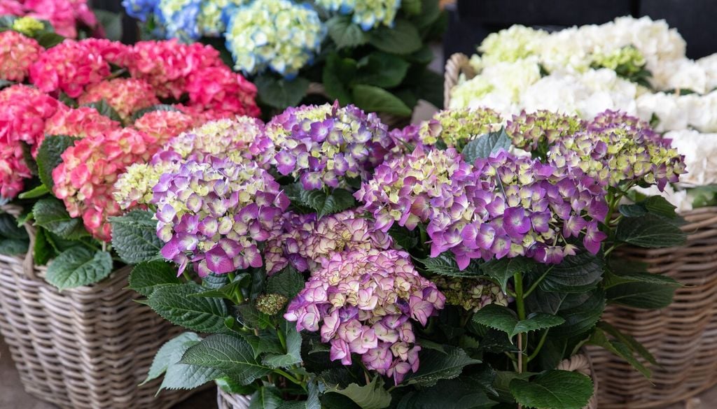 Alcune variazioni cromatiche del genere Hydrangea, che spaziano dal bianco e crema fino al rosa, all’azzurro e al viola, in funzione della specie e dei fattori ambientali
