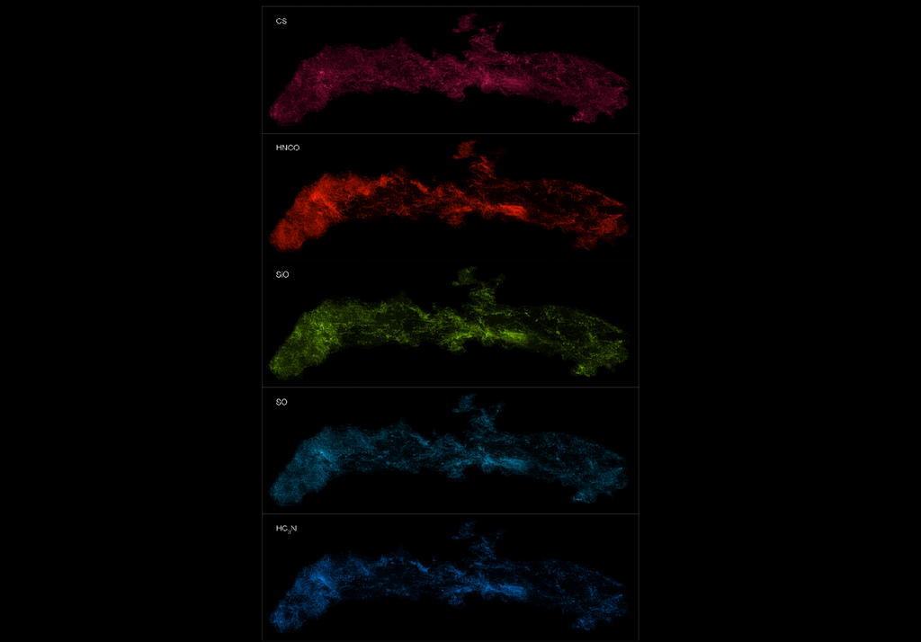 CMZ Le più abbondanti molecole presenti nella Central Molecular Zone (dal monossido di Silicio all'Etanolo) producono nella regione spettrale del millimetrico/submillimetrico una propria immagine della nube molecolare. Credit: ALMA(ESO/NAOJ/NRAO)/S. Longmore et al.