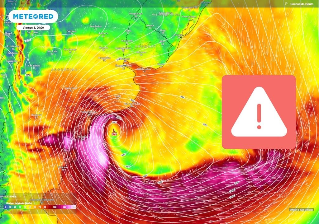 La zona costera del norte de la Patagonia, Buenos Aires y Uruguay, serán probablemente los sectores más castigados por el viento.