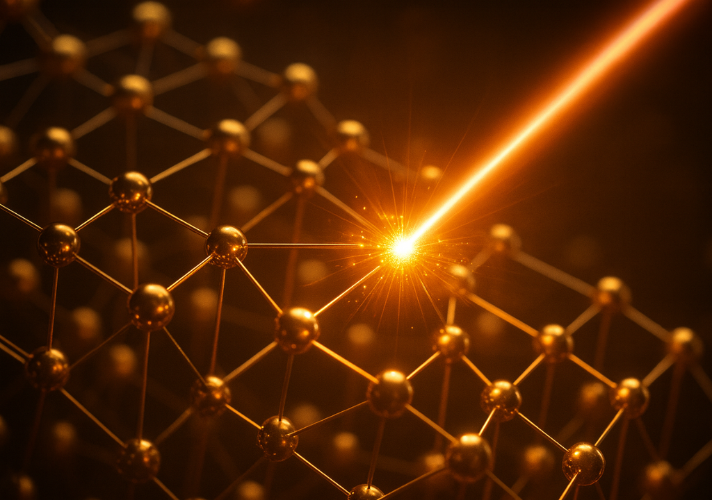 Un haz de rayos X atraviesa la red cristalina del oro, revelando cómo sus átomos resisten temperaturas extremas sin colapsar.