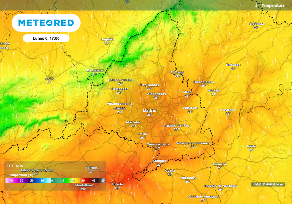 El domingo y el lunes serán los días más cálidos de la semana en el centro peninsular. El modelo europeo prevé hasta 27 ºC al sur de Madrid y 26 ºC en el área metropolitana.
