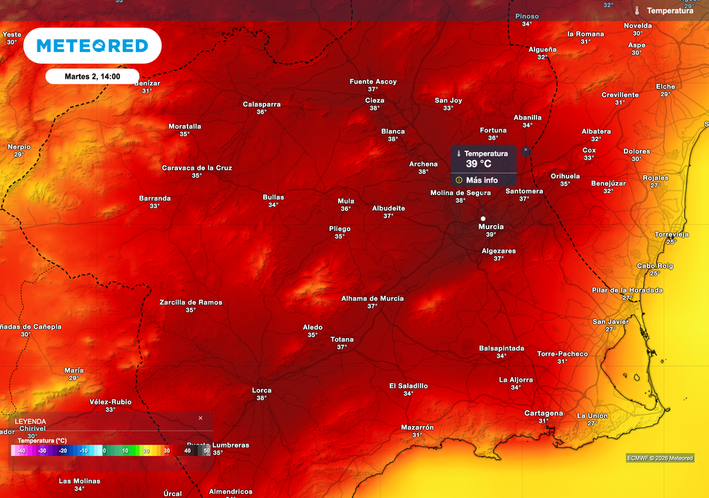 Calor extremo previsto el martes en la ciudad de Murcia, con un flujo de vientos de poniente arrastrando calor desde Castilla La Mancha.