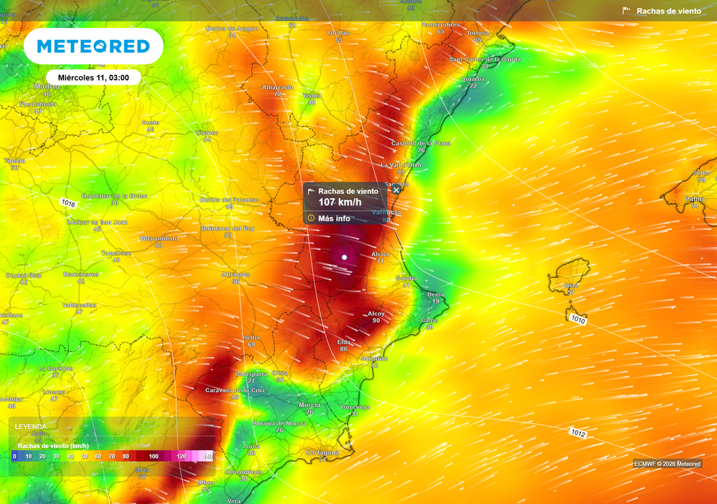 El modelo europeo anticipa una madrugada del miércoles muy ventosa en la Comunidad Valenciana.