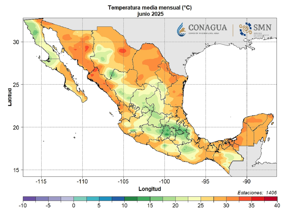 Temperatura media en México durante junio de 2025. CONAGUA-SMN