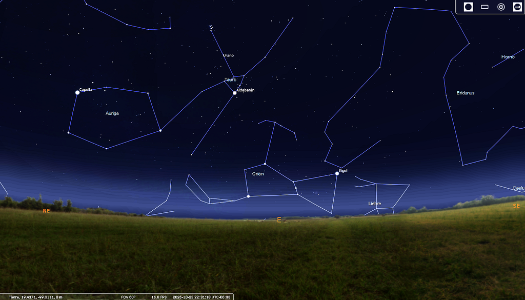 A partir de las 10:30 de la noche, empieza su ascenso, excatamente por el Este. Crédito: Zeus Valtierra / Stellarium.