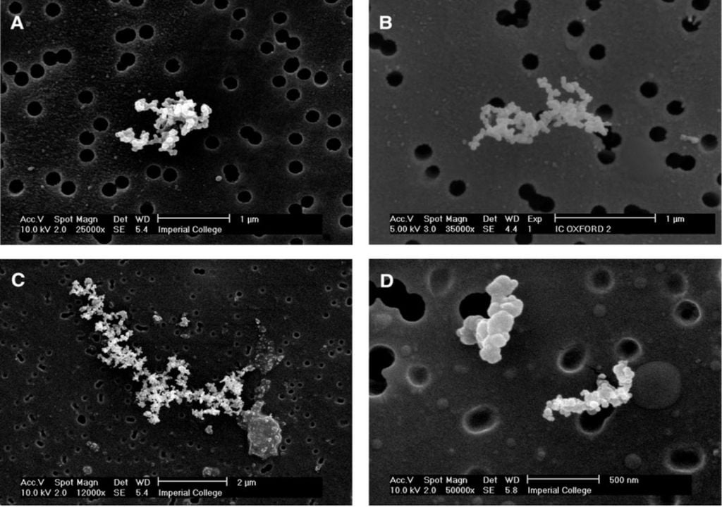 PM2.5 Londres Partículas típicas observadas mediante microscopía electrónica de barrido de material particulado con muestras de 2,5 m de diámetro (PM2,5) recogidas directamente de la atmósfera de la ciudad de Londres. Imagen: Michaela Kendall /Researchgate.