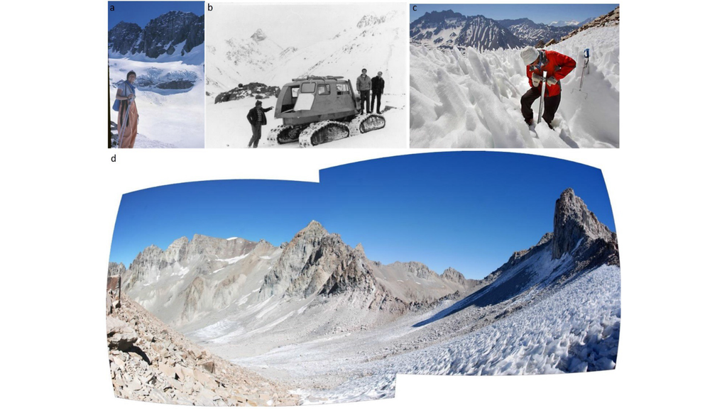 Imágenes históricas del glaciar Echaurren Norte. Imágenes históricas del glaciar Echaurren Norte muestran los cambios en su superficie y las mediciones realizadas entre la década de 1970 y 2010. Créditos: autores del estudio.