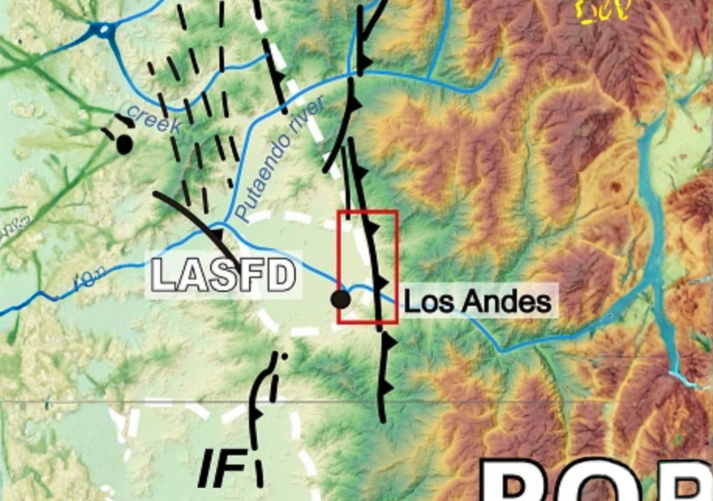 Mapa de la falla asociada al sector de Los Andes, en la cordillera de Chile central. Créditos: LASFD.
