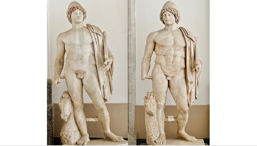 I Dioscuri Statue colossali dei Dioscuri, provenienti da Baia e oggi al Museo Archeologico Nazionale di Napoli. Produzioni di età imperiale romana, ispirate al Doriforo di Policleto (V sec. a.C.)