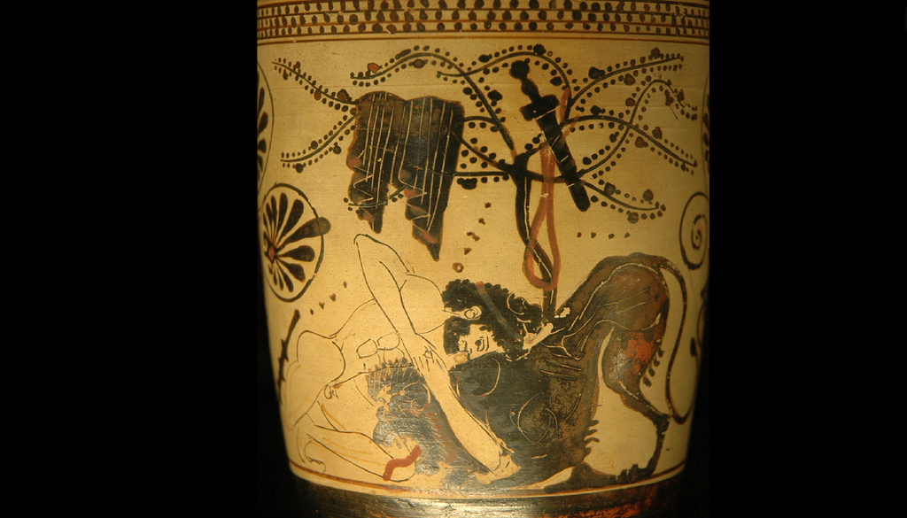 Eracle combatte contro il leone di Nemea del Pittore di Diosphos, circa 500-475 a.C., al Musée du Louvre di Parigi.