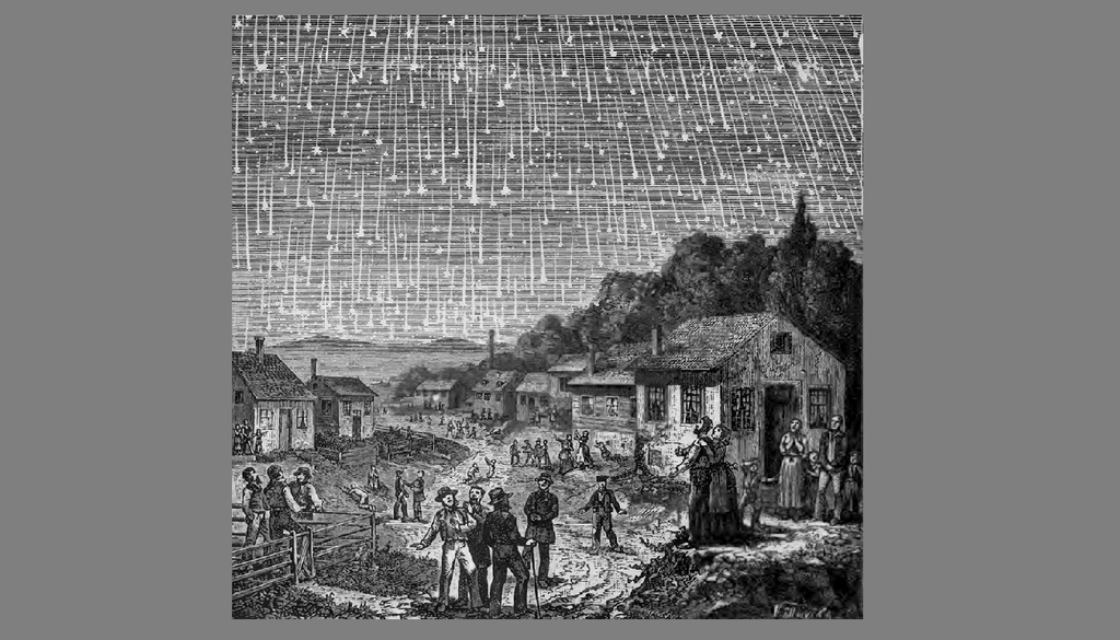 Incisione della tempesta di meteore delle Leonidi del 1833 realizzata da Adolf Vollmy nel 1888.