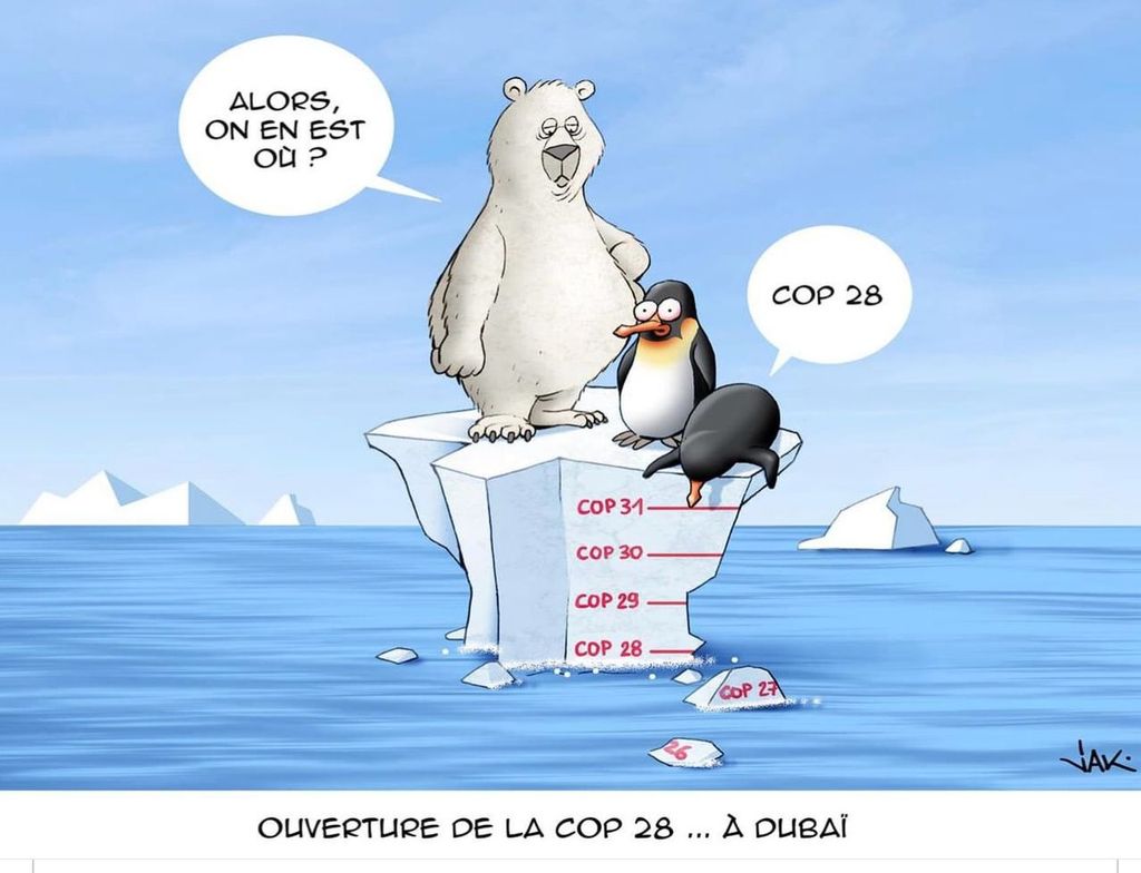 Viñeta cómica del ilustrador francés JAK, publicada como motivo de la COP28. Fuente: Marc Giraud.