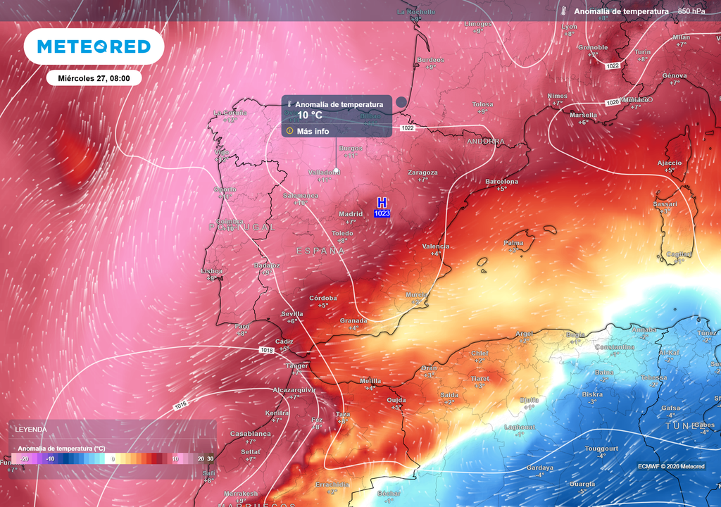 Las temperaturas en capas medias también tendrán anomalías positivas.