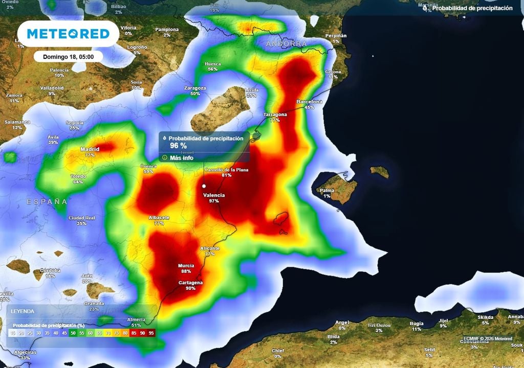 Lluvias domingo 18 Durante la próxima madrugada la probabilidad de precipitaciones será altísima en la Región de Murcia, entre Cuenca y Albacete, Comunidad de Madrid, provincia de Valencia, Ibiza y en Cataluña.