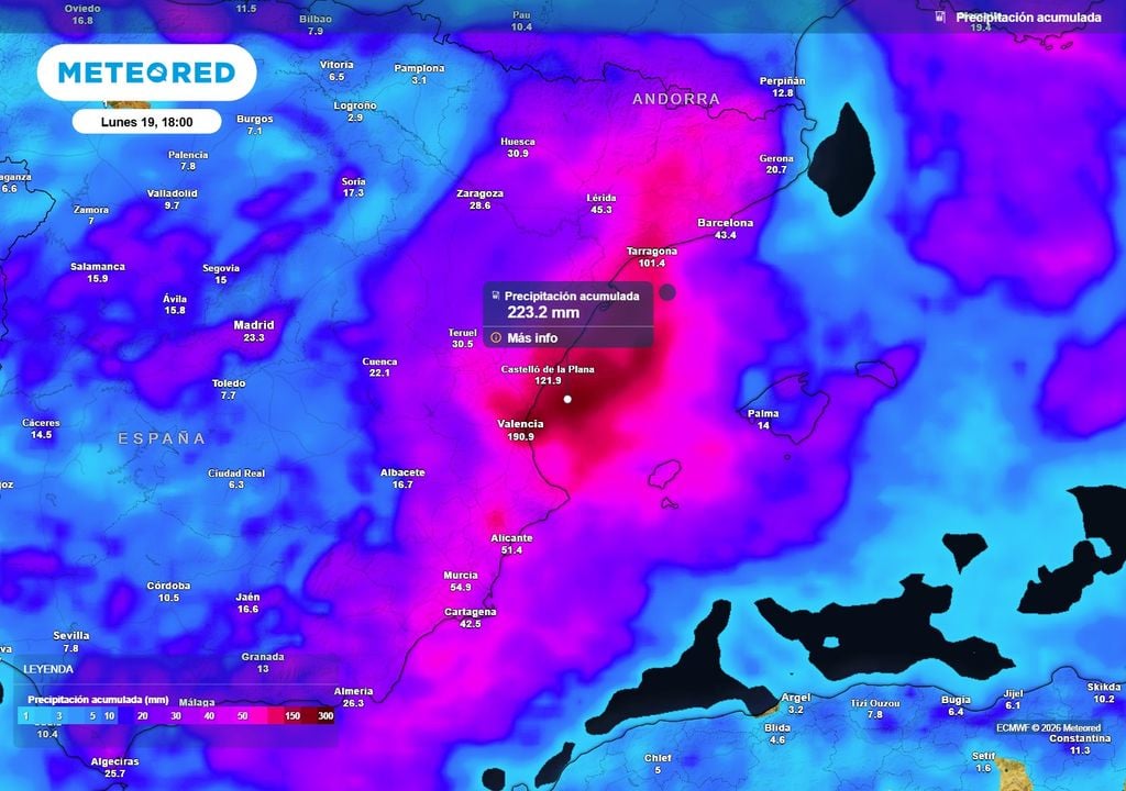 Lluvias dana Adam En el golfo de Valencia el modelo europeo prevé acumulados de precipitación próximos a los 200 l/m2.