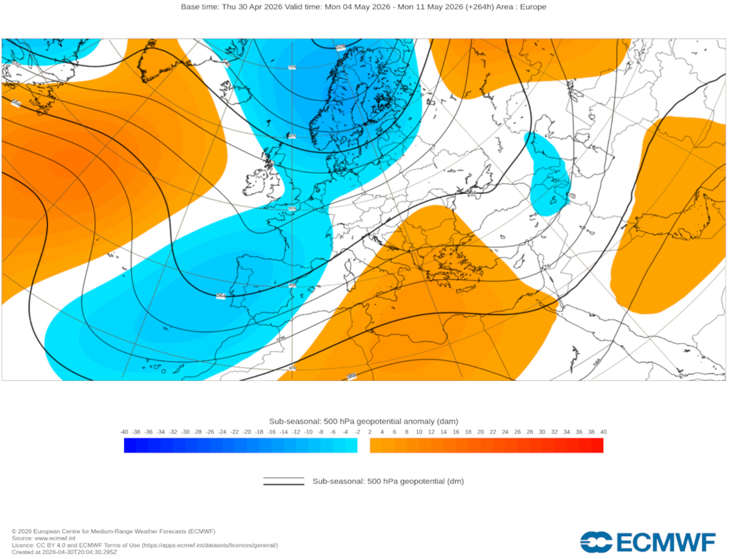 Las anomalías de geopotencial a 500 hPa serán especialmente al oeste y suroeste peninsular, mostrando una alta probabilidad de que se establezcan vaguadas y depresiones en ese sector.