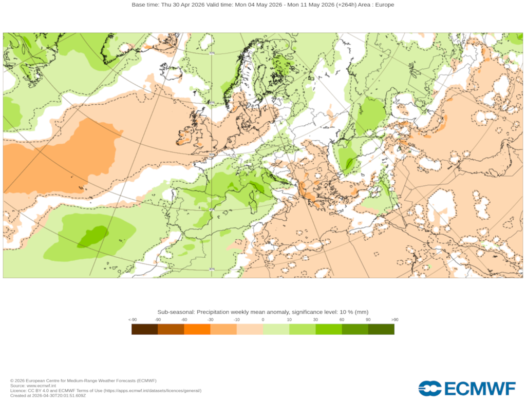 Las anomalías de precipitación serán positivas, especialmente en el noreste peninsular, donde se espera que los chubascos sean más frecuentes durante la próxima semana.