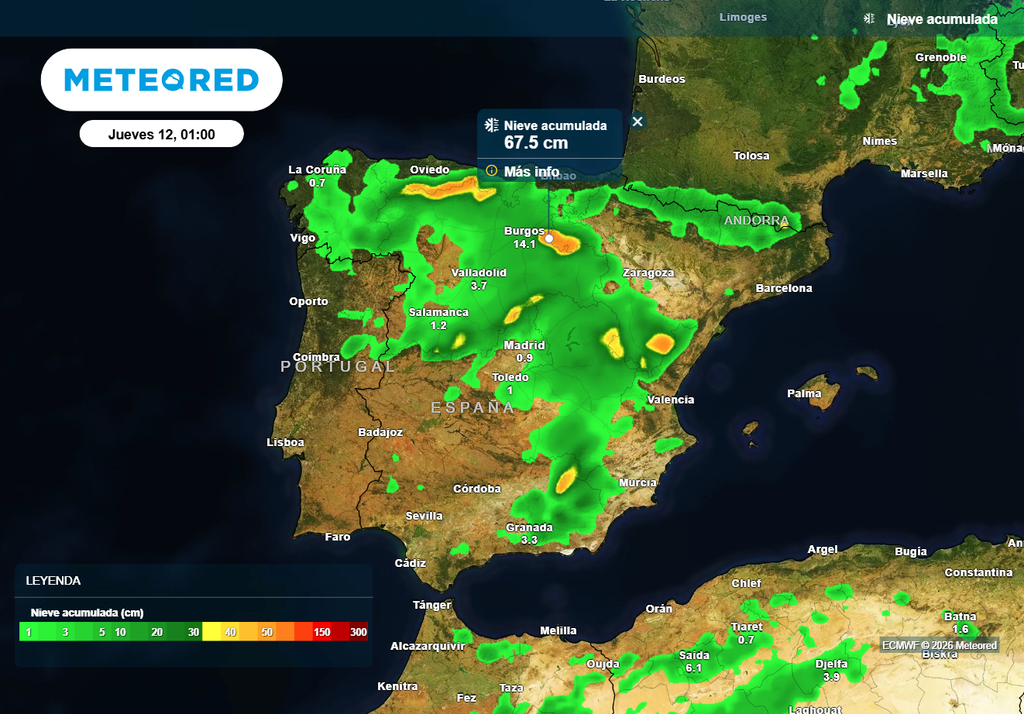 Nieve acumulada hasta el miércoles en España, con espesores superiores al medio metro en puntos de alta montaña.
