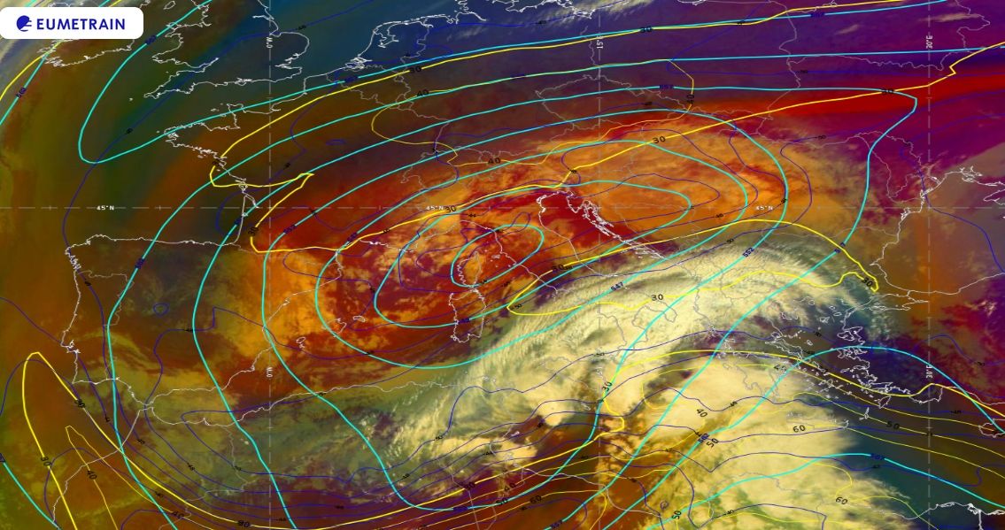 Imagen de masas de aire del 25 de marzo de 2020 a las 09 UTC junto con geopotencial 500 hPa, en celeste, y chorro en 300 hPa, en amarillo. Eumetrain