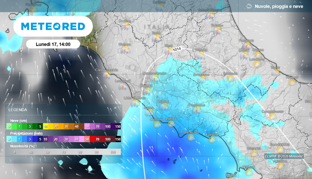 Precipitazioni su Roma e Lazio previste nel pomeriggio del 17 agosto.