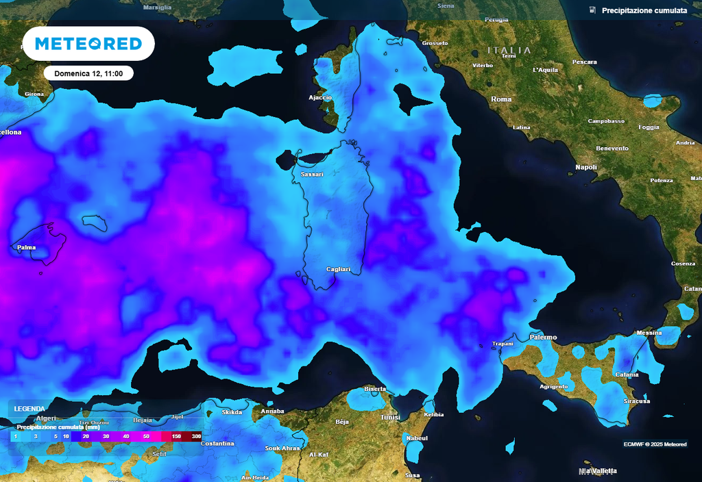 La Sardegna sarà la regione italiana maggiormente interessata dalle piogge