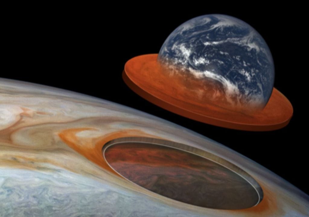 Así se compara la profundidad y tamaño de la Gran Mancha Roja con la Tierra. Crédito: NASA/JPL-Caltech/SwRI/MSSS; Kevin M. Gill.