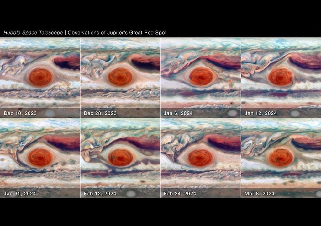 Con datos del Telescopio Espacial Hubble, que abarcan aproximadamente 90 días (entre diciembre de 2023 y marzo de 2024), se midieron el tamaño, la forma, el brillo, el color y la vorticidad de la Gran Mancha Roja. Crédito: NASA, ESA, Amy Simon (NASA-GSFC)