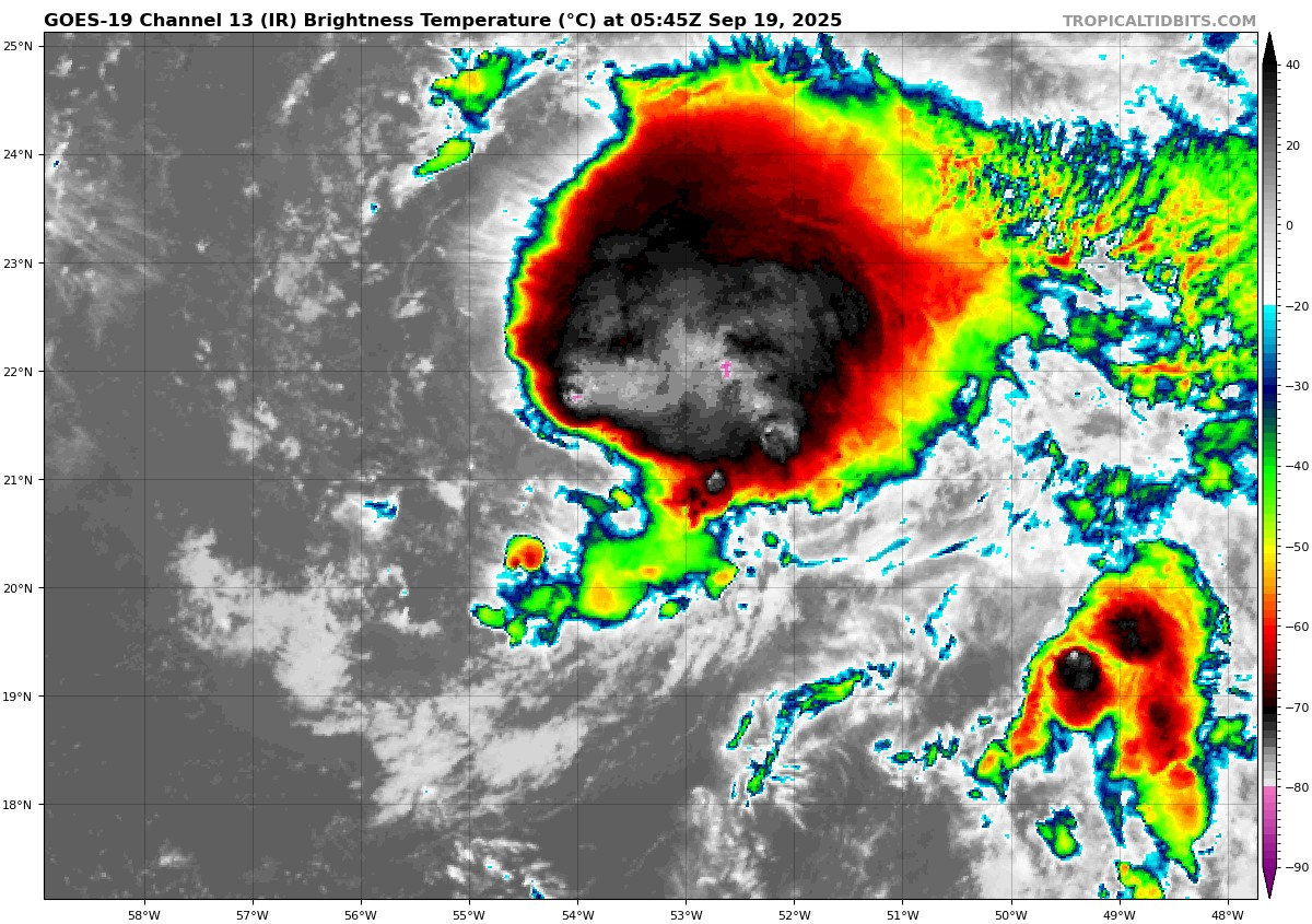 Tormenta tropical Gabrielle en imagen infrarroja realzada a fecha de 19 de septiembre de 2025. Tropicaltidbits