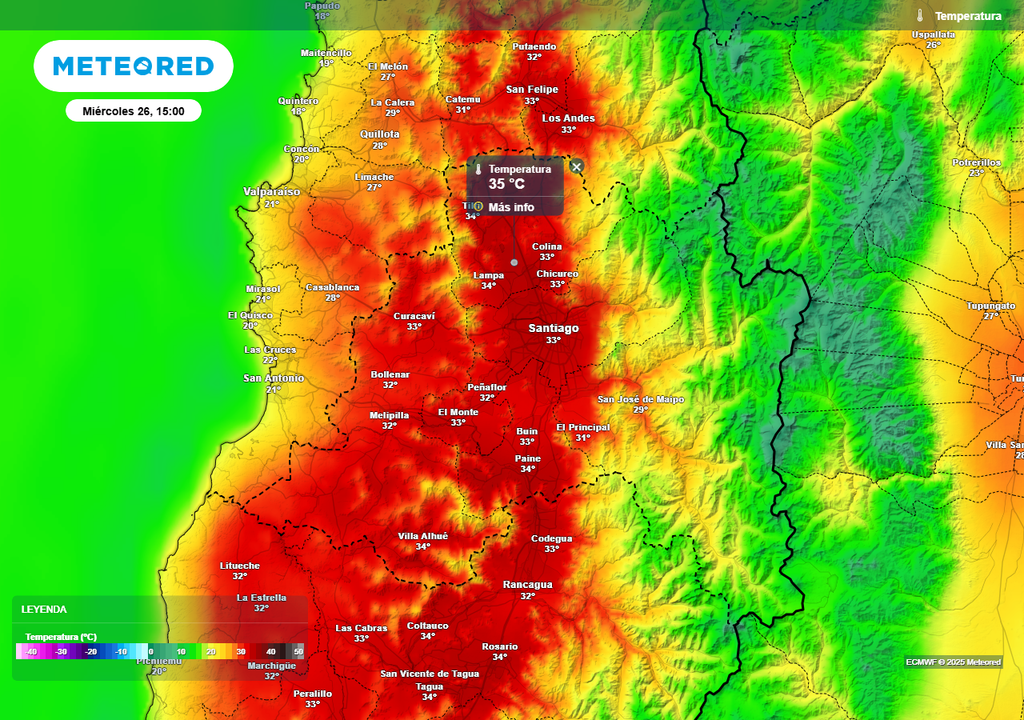 Temperatura máxima Santiago, Chile, ECMWF, miércoles 26 de febrero 2025