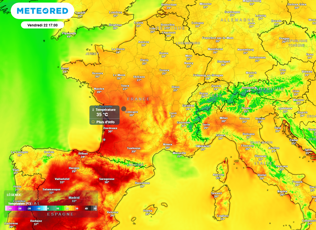 En fin de semaine, les 30°C seront localement approchés au nord et largement dépassés au sud. En fin de semaine, les 30°C seront localement approchés au nord et largement dépassés au sud.