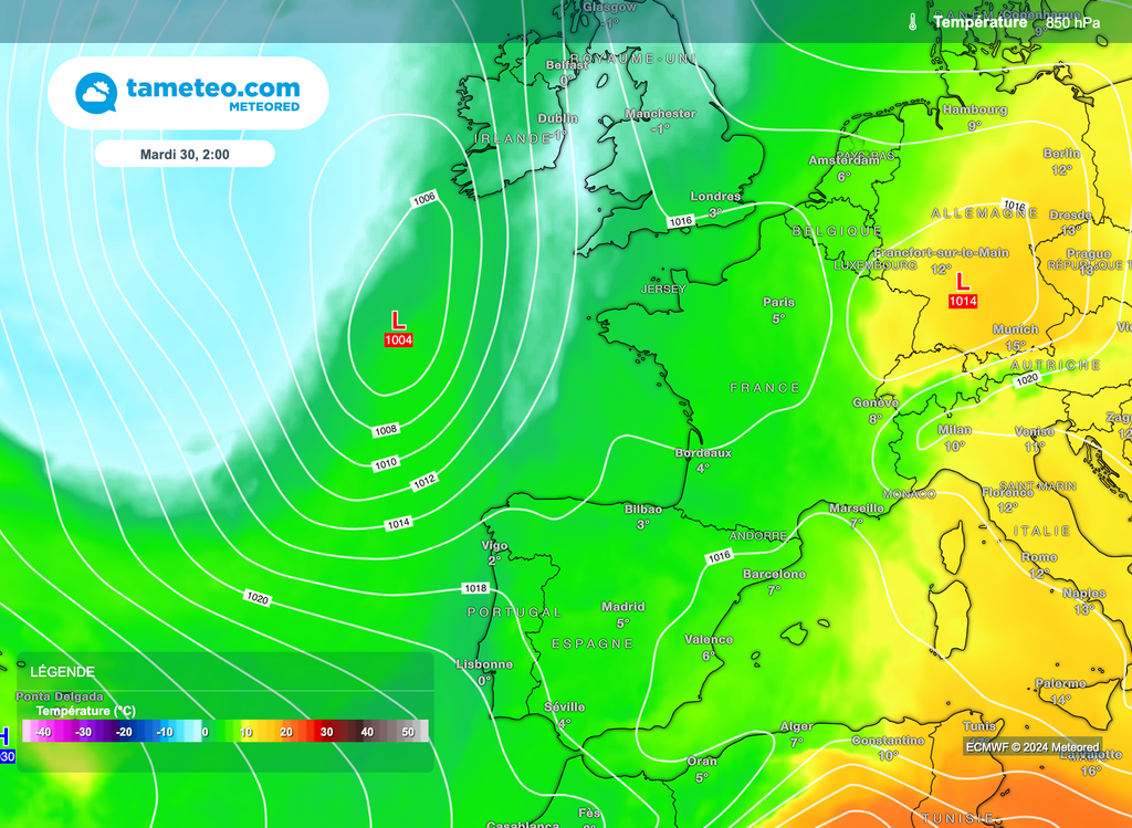 De l'air très doux pourra s'observer sur la moitié est, plus frais à l'ouest.