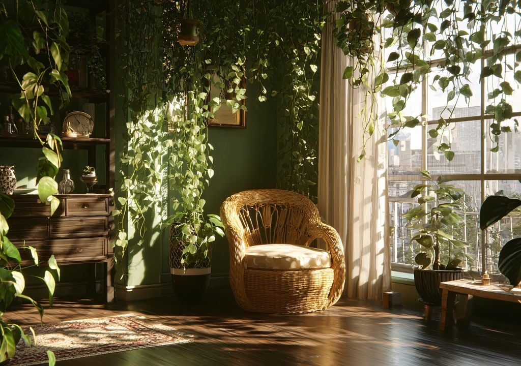 Ubicado en un ambiente luminoso, el potus despliega su crecimiento natural y refuerza una sensación de calidez, armonía y bienestar cotidiano en el hogar.