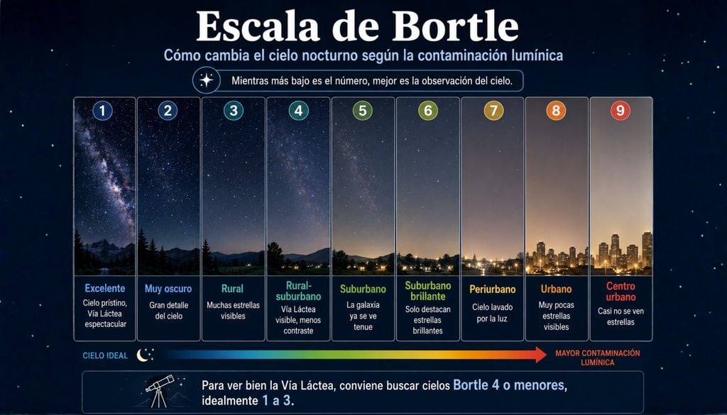 La escala de Bortle clasifica la calidad del cielo nocturno del 1 al 9: mientras más bajo el índice, mejores condiciones existen para observar la Vía Láctea.