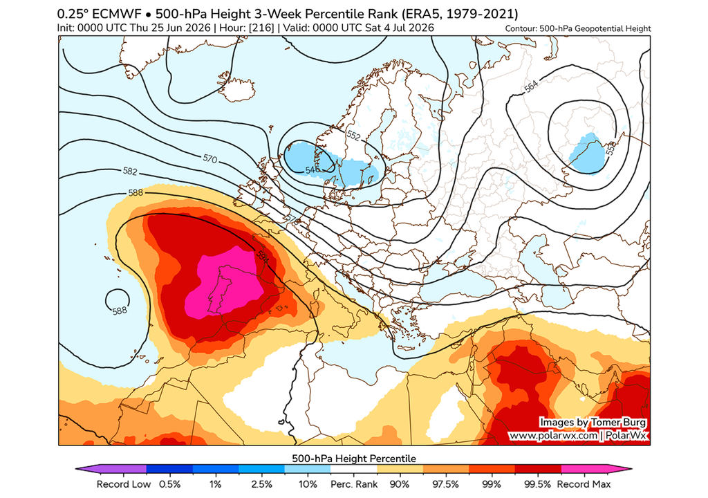 La dorsale anticyclonique qui pourrait s'installer sur l'Espagne à partir de ce week-end pourrait atteindre une intensité record. Source : polarwx.com