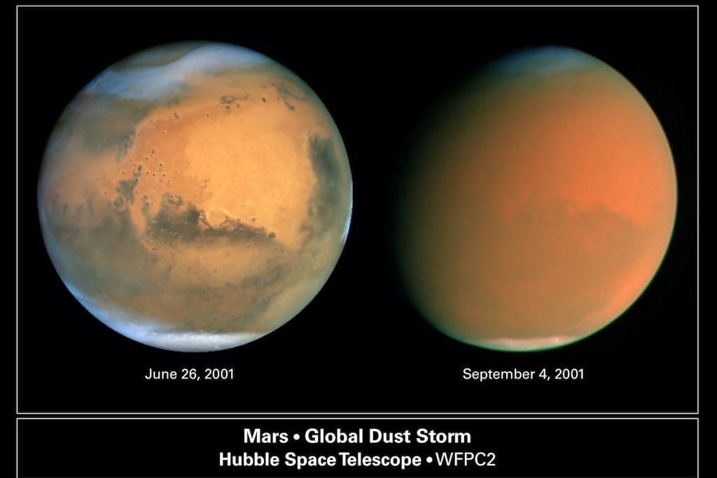 Tormenta de polvo global captada por el Telescopio Espacial Hubble en el año de 2001 en Marte. Crédito: NASA.