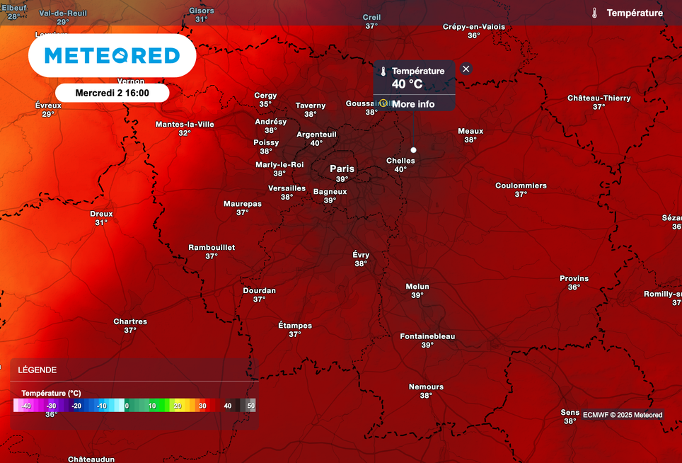 40 degrés ou localement un peu plus mercredi après-midi selon le modèle européen.