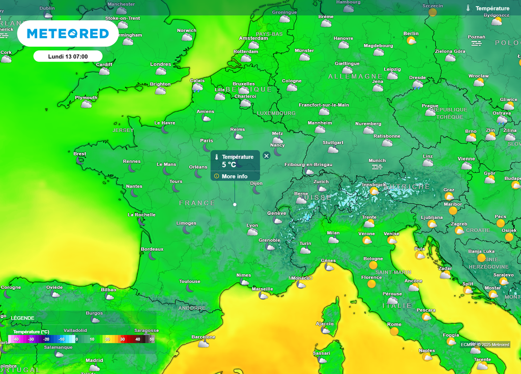 Ce lundi matin, c'est entre le Centre et les frontières de l'Est que les températures seront les plus basses, avec localement autour de 4-5°C.