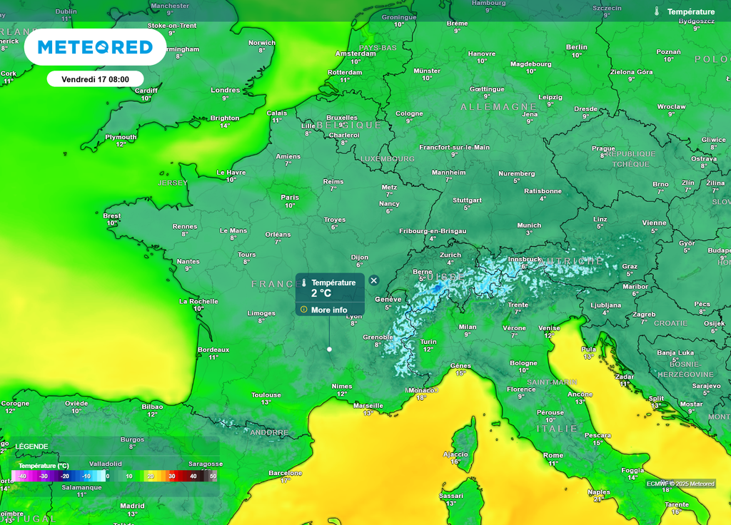 Vendredi matin, on se rapprochera par endroits du gel, notamment en Auvergne-Rhône-Alpes, avec localement moins de 3°C.