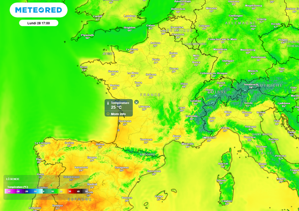 Lundi après-midi, le seuil de chaleur sera régulièrement atteint dans le sud-ouest. Lundi après-midi, le seuil de chaleur sera régulièrement atteint dans le sud-ouest.