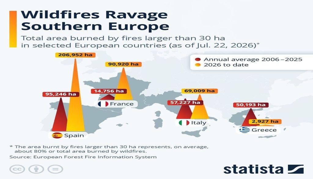 Au 22 juillet 2026, l'Espagne, la France et l'Italie affichent déjà des superficies brûlées supérieures à leur moyenne annuelle de 2006 à 2025. (c) Statista