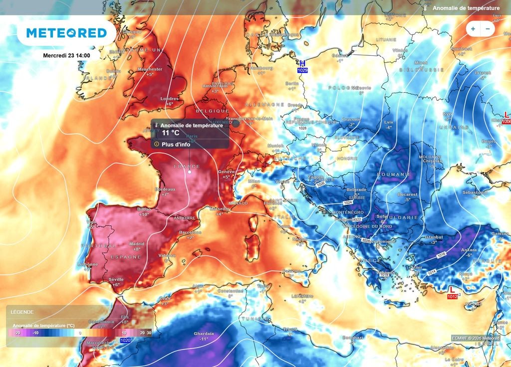 Anomalie de températures mercredi Les hautes pressions, installées mercredi du Maroc à la mer du Nord, favoriseront la remontée d'un air très chaud dans un flux de Sud-Ouest.