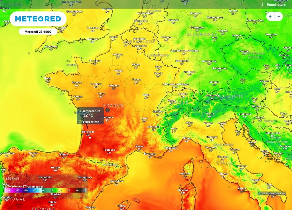 Températures mercredi 14h Alors qu'il ne sera que 14h, des pointes à 32°C à l'ombre seront déjà possibles mercredi 23 septembre, ce qui signifie des maximales encore plus élevées.